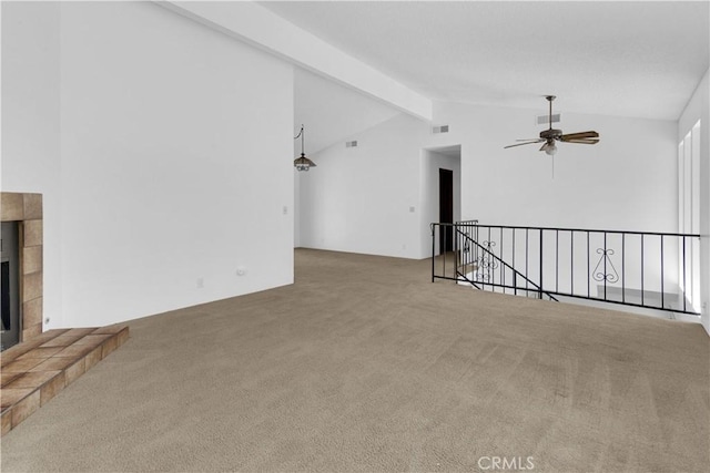 7650 Cristobal Ave, Atascadero, CA 93422 - unfurnished living room featuring carpet floors, ceiling fan, and a fireplace