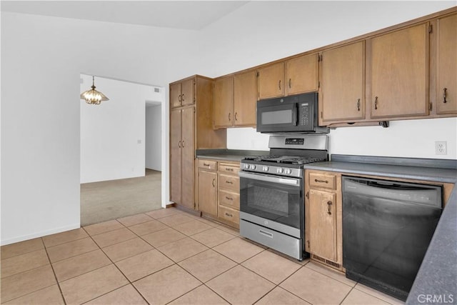 7650 Cristobal Ave, Atascadero, CA 93422 - kitchen with black appliances, light tile patterned flooring, and light carpet