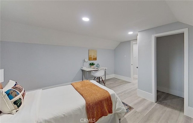 805 Earlham St, Pasadena, CA 91101 - bedroom with vaulted ceiling, baseboards, light wood finished floors, and recessed lighting