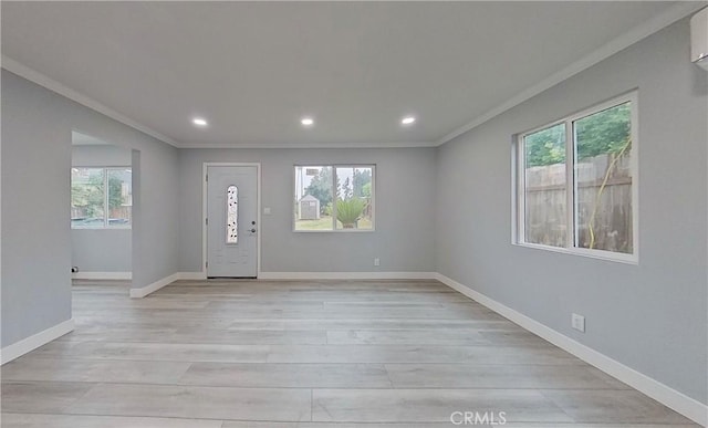 805 Earlham St, Pasadena, CA 91101 - entryway with baseboards, crown molding, light wood-style flooring, and recessed lighting