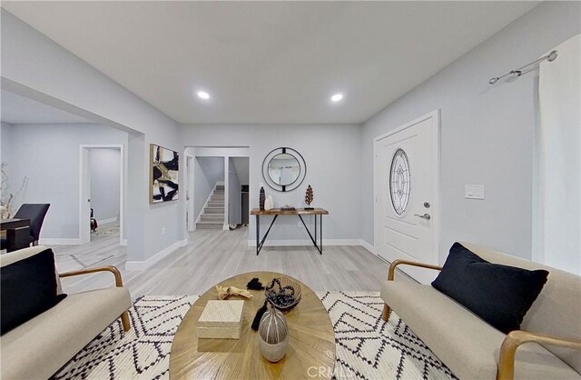 805 Earlham St, Pasadena, CA 91101 - interior space with baseboards, stairs, light wood-style flooring, and recessed lighting