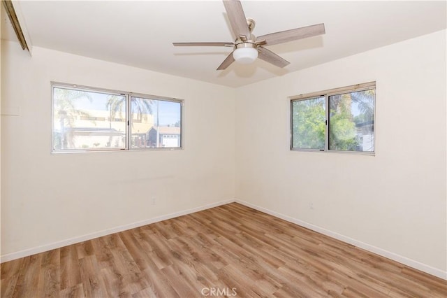 unfurnished room with light wood-type flooring, ceiling fan, baseboards, and a wealth of natural light