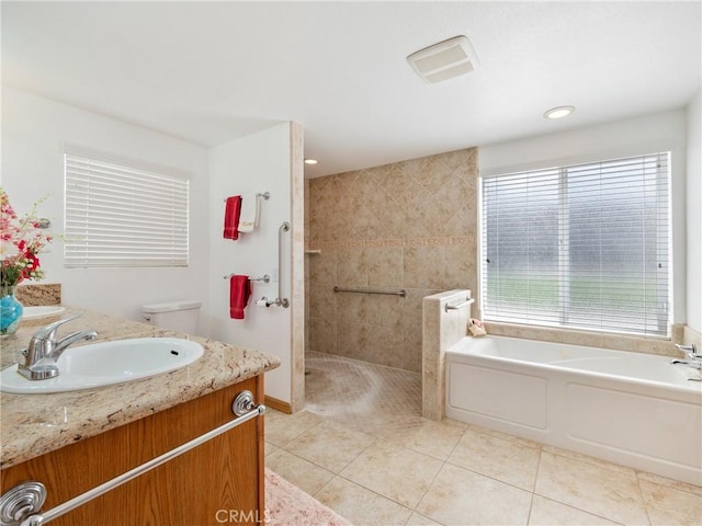 9160 Ox Bow Rd, Lucerne Valley, CA 92356 - full bath featuring tile patterned floors, vanity, a garden tub, and a walk in shower