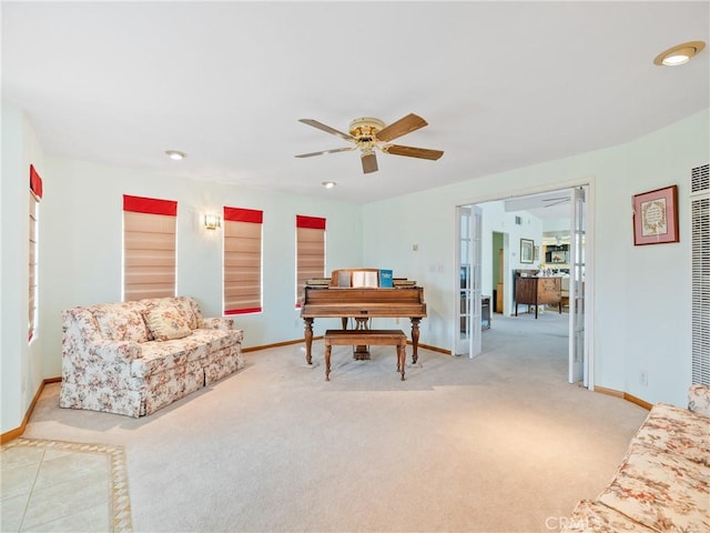 9160 Ox Bow Rd, Lucerne Valley, CA 92356 - sitting room with baseboards, carpet flooring, french doors, and a ceiling fan