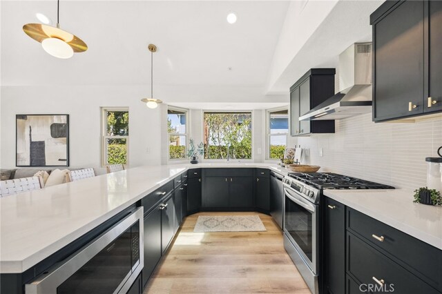 kitchen with a healthy amount of sunlight, light wood finished floors, wall chimney exhaust hood, and appliances with stainless steel finishes