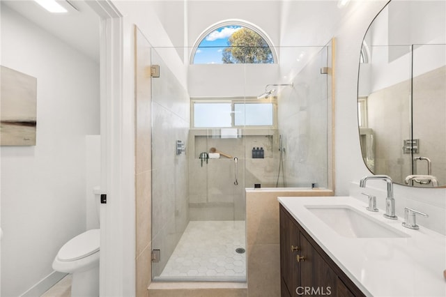 bathroom with toilet, a stall shower, and vanity