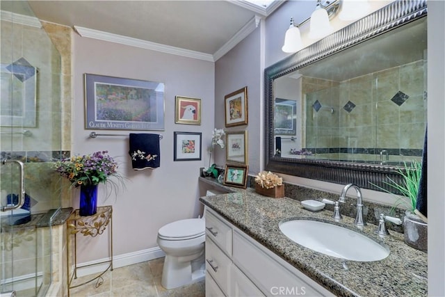 full bath featuring vanity, ornamental molding, a stall shower, tile patterned floors, and toilet