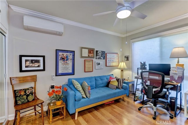 office featuring ceiling fan, ornamental molding, wood finished floors, a wall mounted air conditioner, and baseboards
