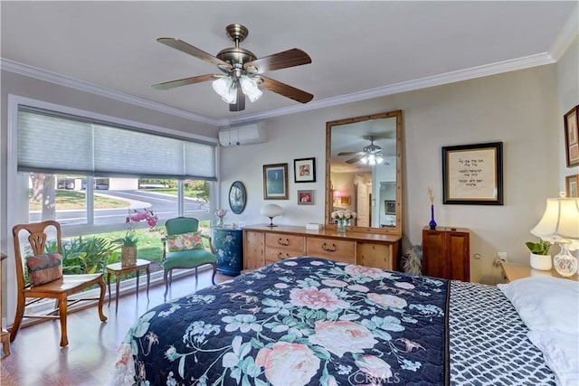 bedroom featuring wood finished floors, ornamental molding, and a wall unit AC