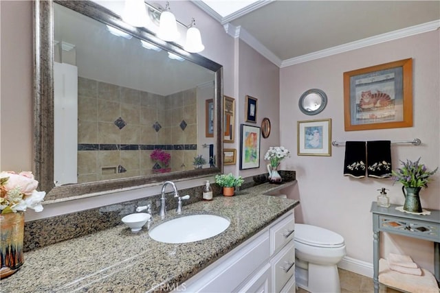 full bathroom featuring vanity, tile patterned floors, crown molding, toilet, and a tile shower