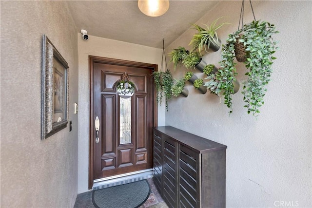 property entrance featuring stucco siding