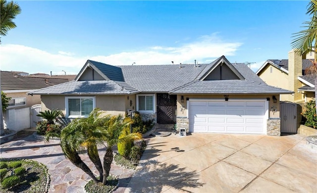 single story home with a gate, stone siding, concrete driveway, stucco siding, and an attached garage