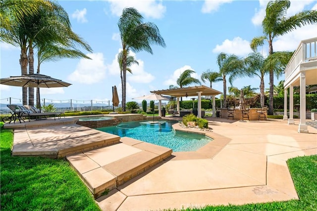 38925 Cherry Point Ln, Murrieta, CA 92563 - view of swimming pool featuring a pergola, a patio, and a pool with connected hot tub