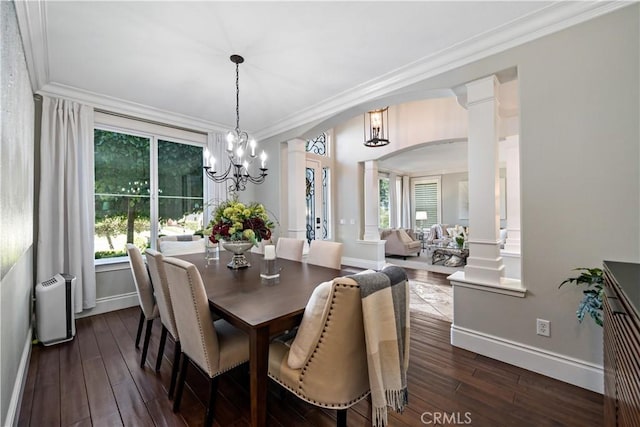 38925 Cherry Point Ln, Murrieta, CA 92563 - dining room with crown molding, arched walkways, decorative columns, and dark wood-type flooring