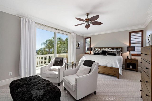38925 Cherry Point Ln, Murrieta, CA 92563 - bedroom featuring carpet flooring, ceiling fan, access to outside, crown molding, and baseboards