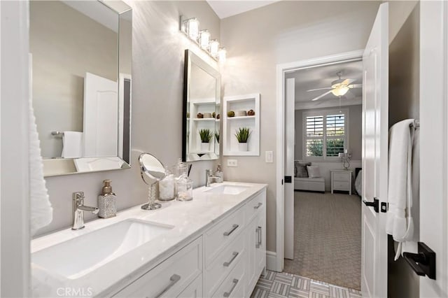 38925 Cherry Point Ln, Murrieta, CA 92563 - full bath featuring double vanity, a ceiling fan, ensuite bath, and a sink