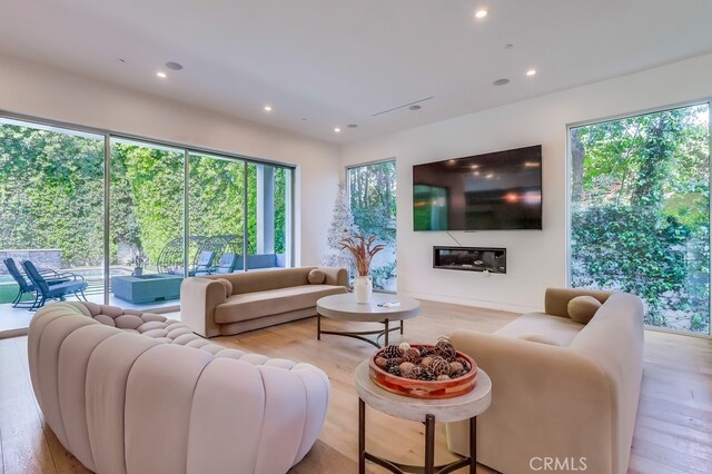 737 N Cherokee Ave, Los Angeles, CA 90038 - living room featuring wood finished floors, recessed lighting, and a glass covered fireplace