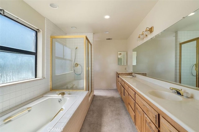 bathroom with a shower stall, a healthy amount of sunlight, and a sink