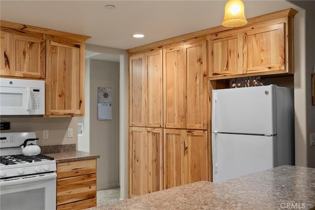 7528 Humboldt Rd, Butte Meadows, CA 95942 - kitchen featuring white appliances, dark countertops, light brown cabinets, and recessed lighting