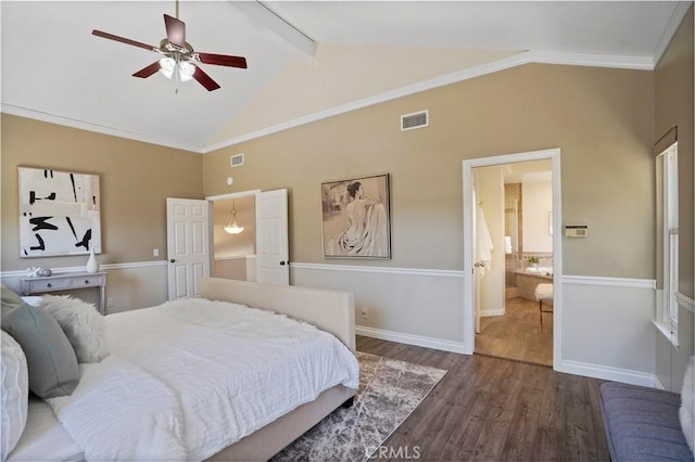 bedroom featuring visible vents, baseboards, beamed ceiling, wood finished floors, and high vaulted ceiling