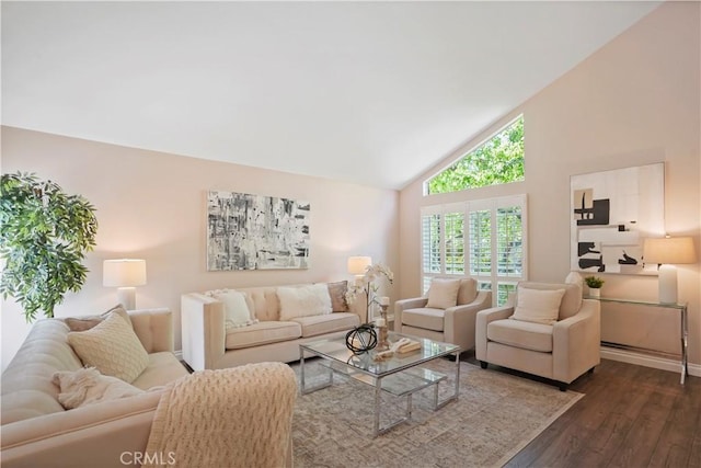 living area with high vaulted ceiling and dark wood finished floors