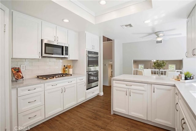 kitchen with visible vents, a raised ceiling, appliances with stainless steel finishes, white cabinetry, and backsplash