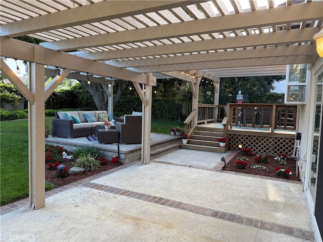 view of patio / terrace featuring an outdoor living space, a pergola, and a deck