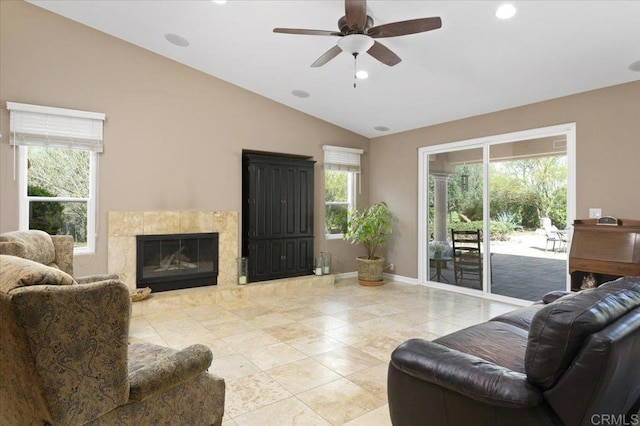 16270 Pauma Valley Dr, Pauma Valley, CA 92061 - living area with vaulted ceiling, a ceiling fan, recessed lighting, a high end fireplace, and light tile patterned floors