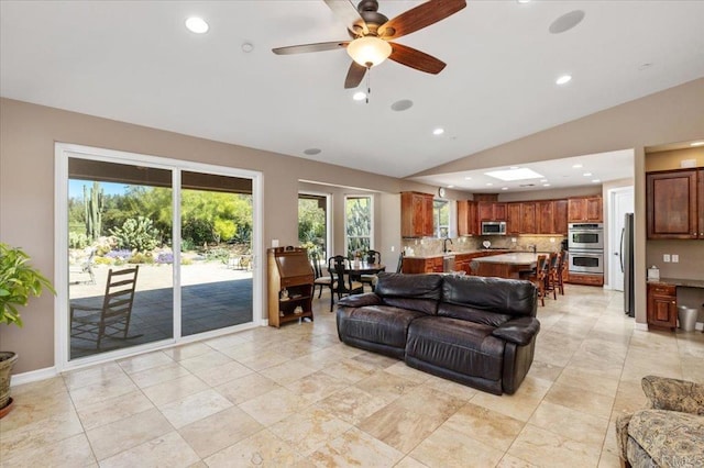 16270 Pauma Valley Dr, Pauma Valley, CA 92061 - living area with lofted ceiling, recessed lighting, and a ceiling fan