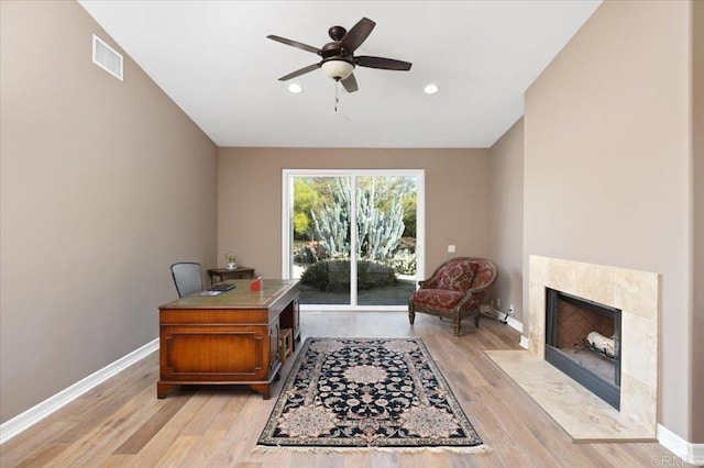 16270 Pauma Valley Dr, Pauma Valley, CA 92061 - home office featuring a ceiling fan, light wood-style flooring, a fireplace, and recessed lighting