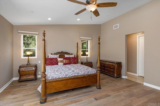 16270 Pauma Valley Dr, Pauma Valley, CA 92061 - bedroom with lofted ceiling, light wood-style flooring, recessed lighting, and a ceiling fan