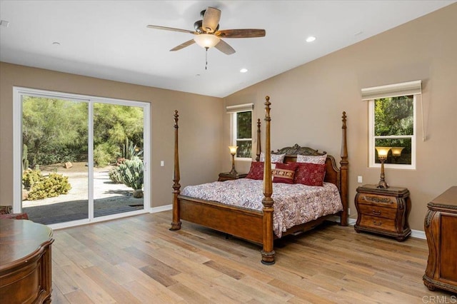 16270 Pauma Valley Dr, Pauma Valley, CA 92061 - bedroom featuring access to exterior, multiple windows, light wood-style flooring, vaulted ceiling, and recessed lighting