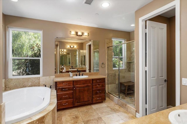 16270 Pauma Valley Dr, Pauma Valley, CA 92061 - full bathroom with vanity, a bath, a stall shower, and recessed lighting