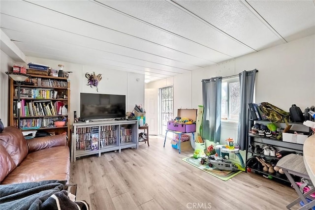 living room with wood finished floors and a textured ceiling