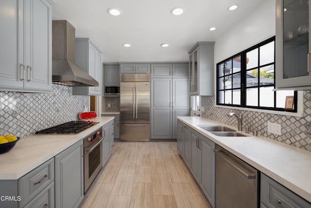 1441 Cleveland Rd, Glendale, CA 91202 - kitchen with gray cabinetry, wall chimney range hood, and built in appliances
