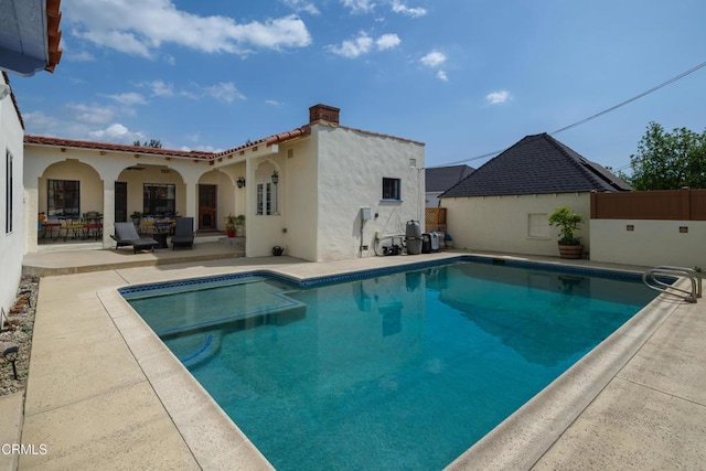 1441 Cleveland Rd, Glendale, CA 91202 - view of pool featuring fence, a fenced in pool, a patio area, and a ceiling fan