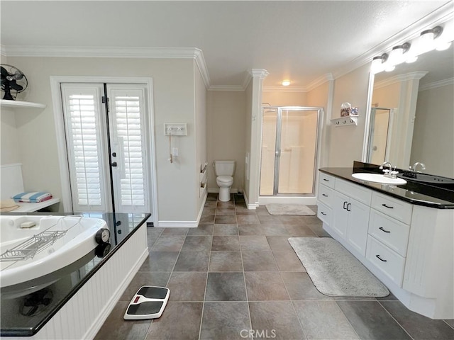 41559 Floyd Ct, Temecula, CA 92592 - bathroom featuring a stall shower, vanity, ornamental molding, baseboards, and toilet