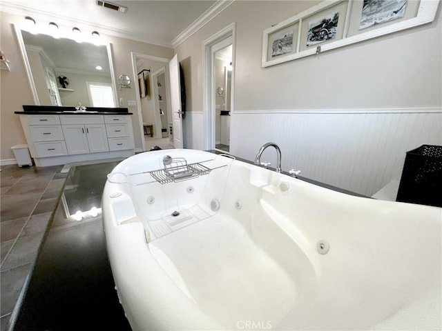 41559 Floyd Ct, Temecula, CA 92592 - full bathroom featuring a whirlpool tub, vanity, a wainscoted wall, and ornamental molding