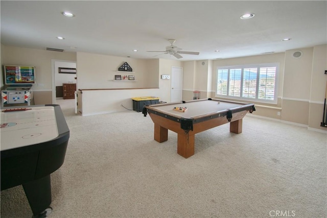 41559 Floyd Ct, Temecula, CA 92592 - game room featuring carpet flooring, billiards table, ceiling fan, recessed lighting, and baseboards