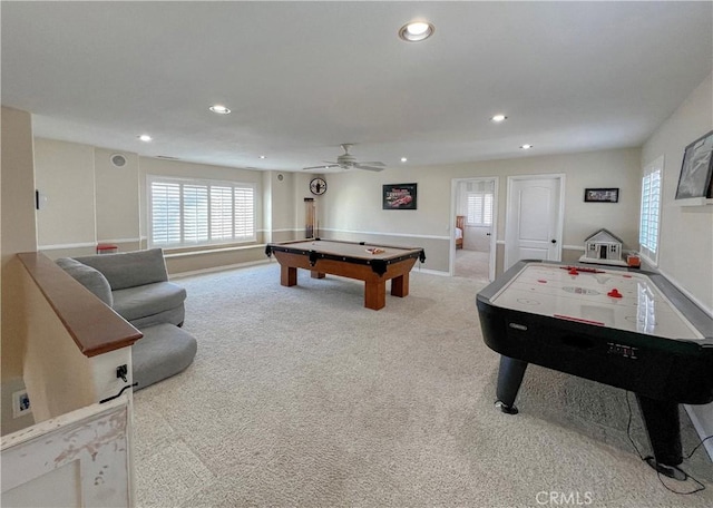 41559 Floyd Ct, Temecula, CA 92592 - game room featuring recessed lighting, billiards table, carpet flooring, a ceiling fan, and baseboards
