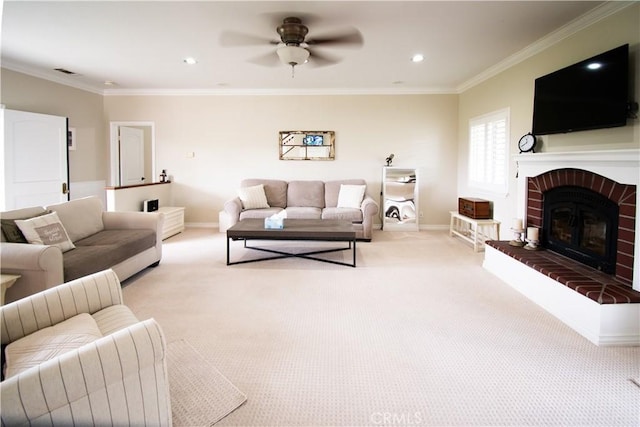 41559 Floyd Ct, Temecula, CA 92592 - living room featuring a ceiling fan, baseboards, light colored carpet, crown molding, and recessed lighting