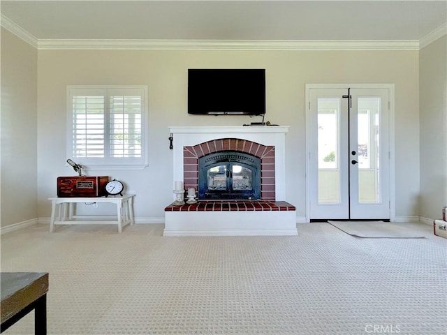 41559 Floyd Ct, Temecula, CA 92592 - living room featuring carpet, ornamental molding, a brick fireplace, and baseboards