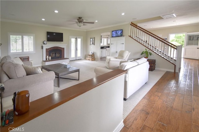 41559 Floyd Ct, Temecula, CA 92592 - living area with crown molding, stairs, wood-type flooring, recessed lighting, and ceiling fan