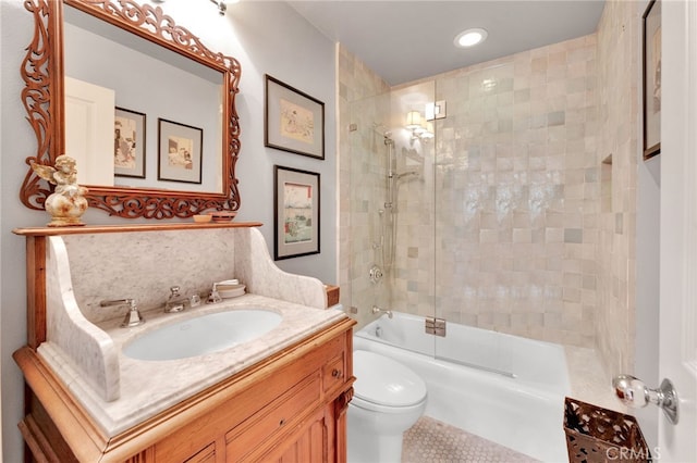full bath featuring toilet, shower / bath combination, and vanity