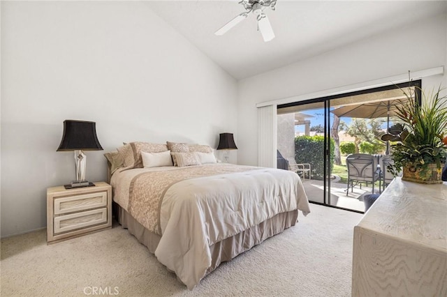 bedroom featuring light carpet, access to exterior, ceiling fan, and lofted ceiling