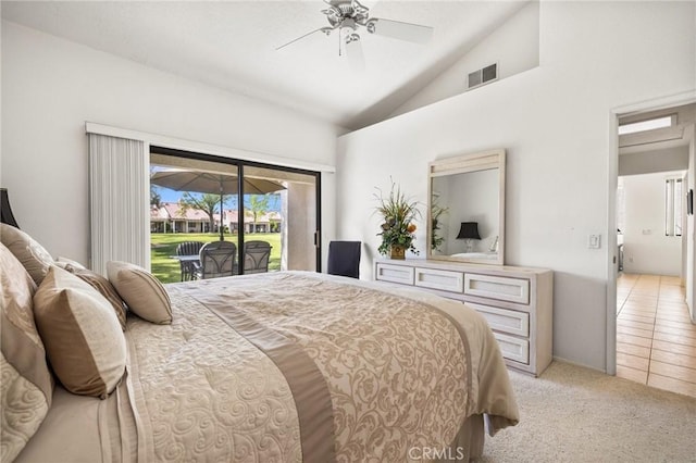 bedroom featuring high vaulted ceiling, visible vents, ceiling fan, access to outside, and light colored carpet