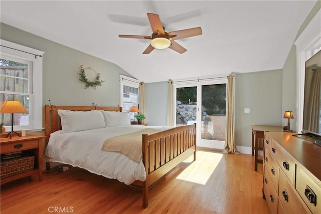 336 Redwood Dr, Pasadena, CA 91105 - bedroom with access to outside, vaulted ceiling, light wood finished floors, and ceiling fan