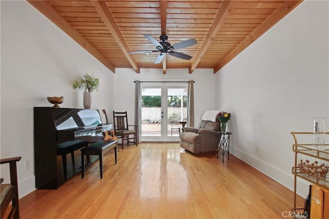 336 Redwood Dr, Pasadena, CA 91105 - sitting room featuring a wooden ceiling with exposed beams, light wood-style floors, and a ceiling fan