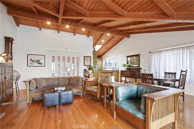 336 Redwood Dr, Pasadena, CA 91105 - living area with a wood ceiling with exposed beams, wood finished floors, healthy amount of natural light, and high vaulted ceiling