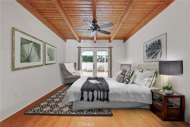 336 Redwood Dr, Pasadena, CA 91105 - bedroom featuring a wooden ceiling with exposed beams, access to exterior, wood finished floors, and ceiling fan